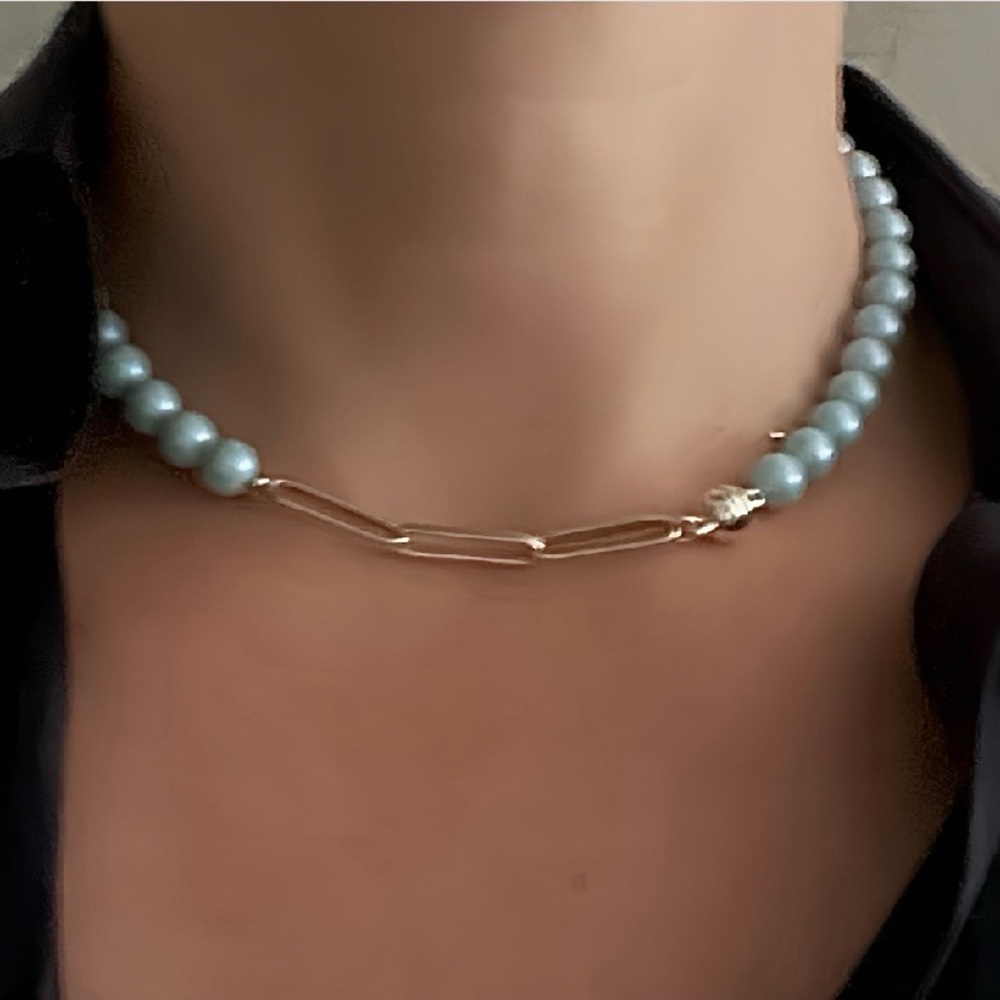 Silver Paperclip and Blue Pearl Choker Necklace